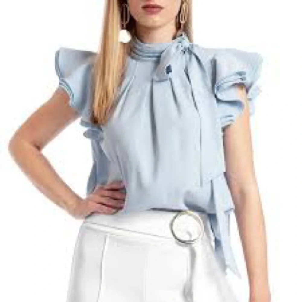 Gracia Womens Neck Bow Ruffled Sleeves Blue, Small